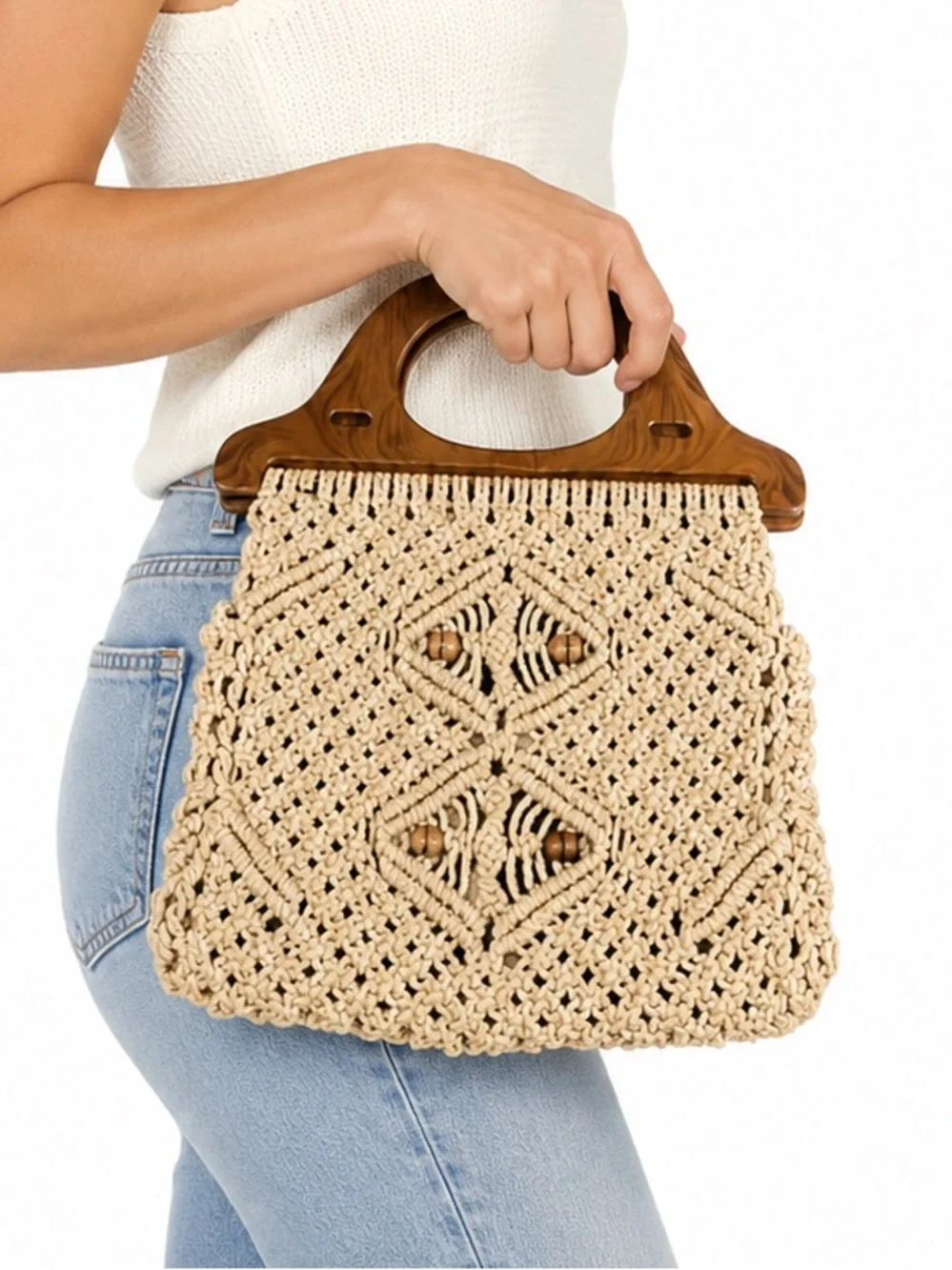 Vintage Y2K Vacation Boho Macrame Beige Woven Pattern Shoulder Bag Purse